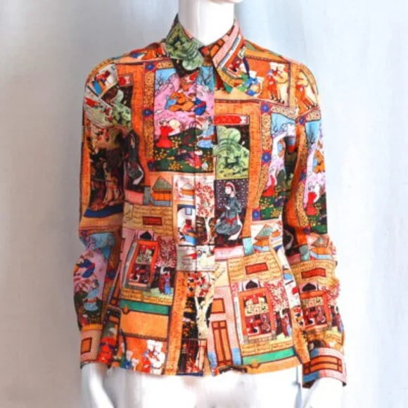 Claude Lerins 1970's Storied Blouse With Asian Scenes - France - Picture 1 of 4